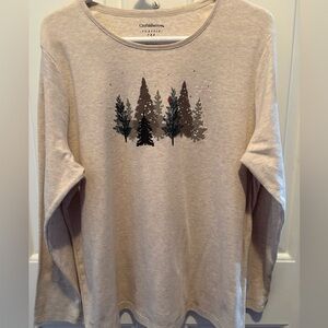 Craft & Barrow Beige Long Sleeve Shirt with Holiday Tree Design(XL)